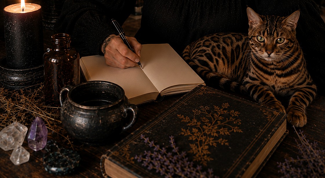 A working table with candle, cauldron, crystals and grimoire