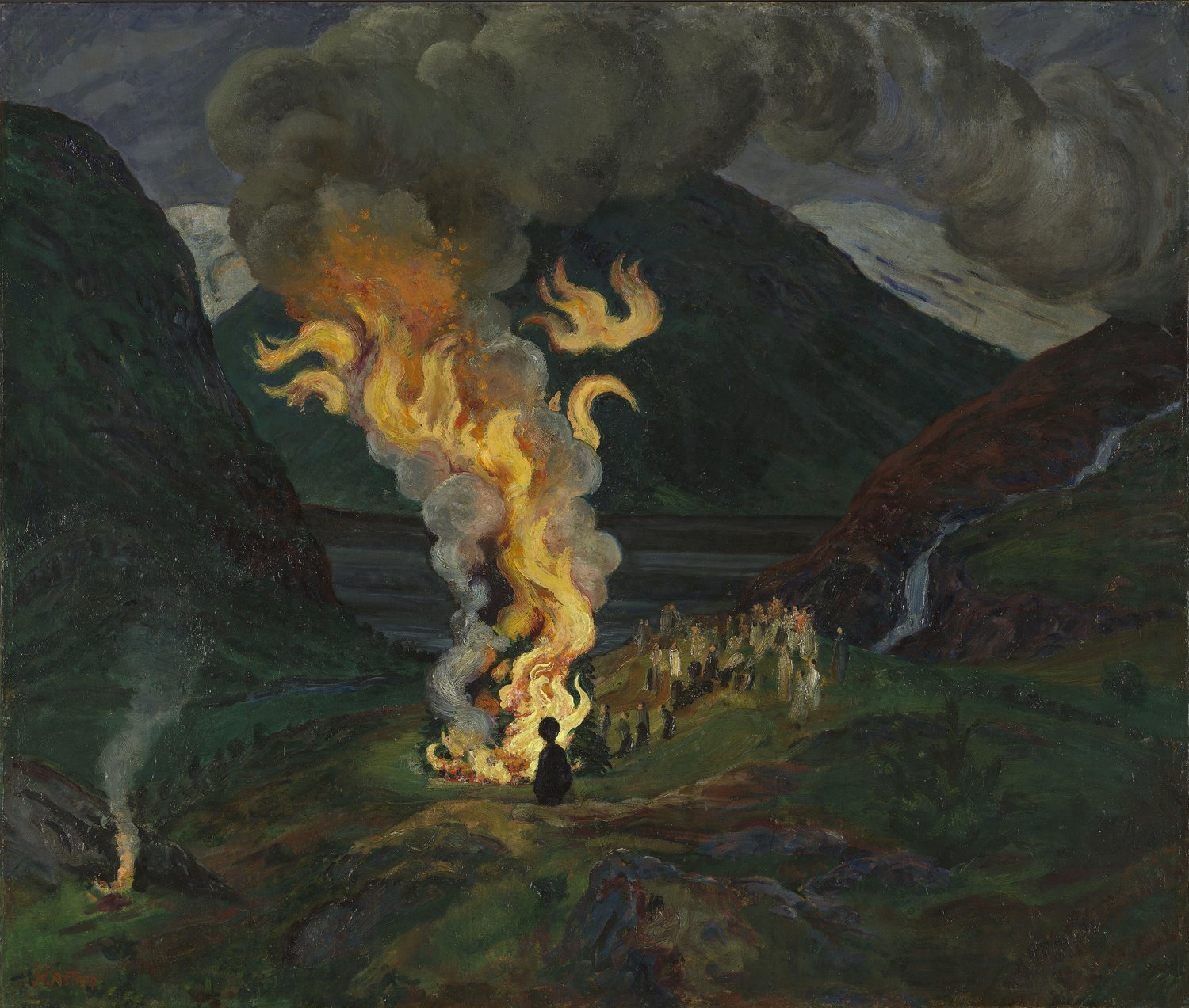 A painting of figures gathered around a large bonfire on a summer night