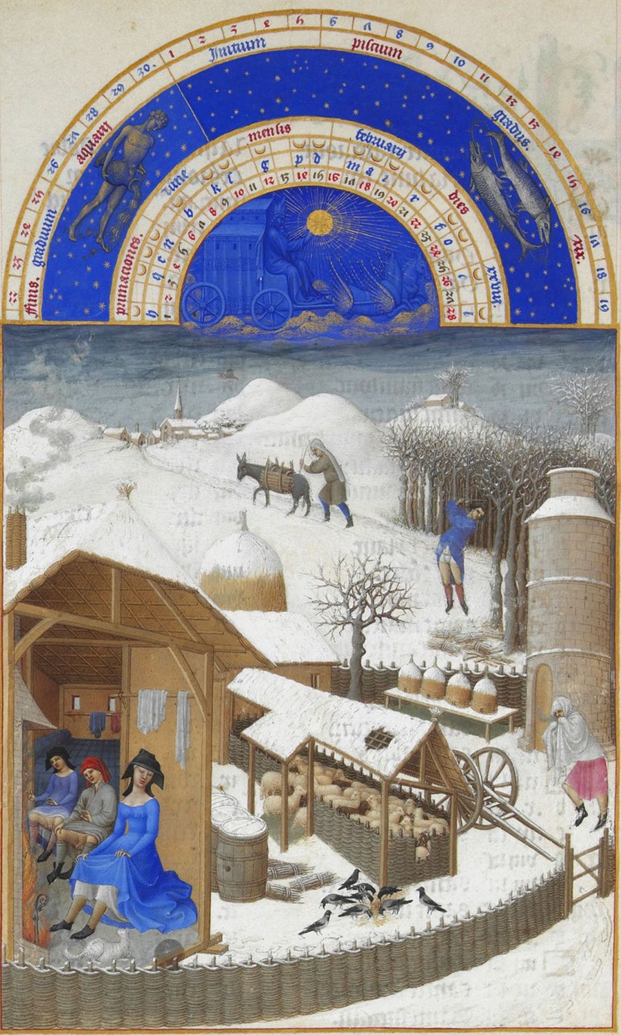 An illuminated manuscript page showing a snowbound farmstead in February